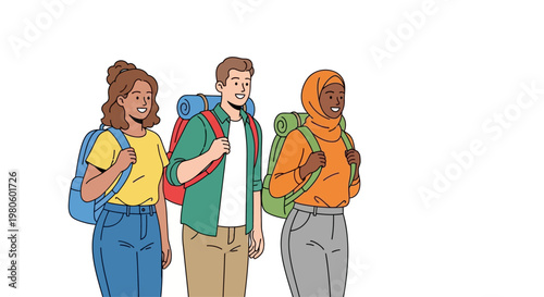 Diverse group of young hikers with backpacks standing together.