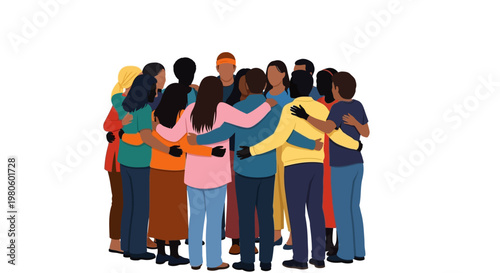 A diverse group of people standing in a circle hugging together.