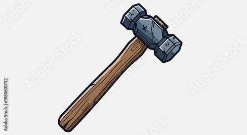 A stylized, cartoon-like illustration of a large hammer with a gray, stone-like head and wooden handle
