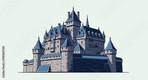 A grand pixelated castle with many towers and turrets stands against a light background