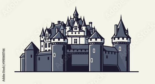 A stylized medieval castle with multiple towers and spires against a plain background