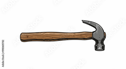 A claw hammer with a wooden handle is shown on a white background