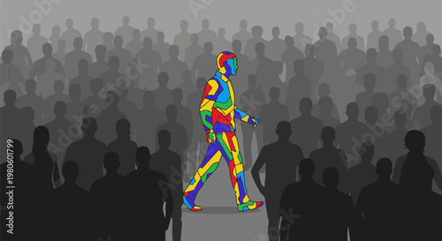 A single person walks distinctively through a crowd of grey figures