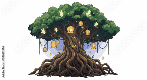 Enchanted pixel art tree with glowing lanterns and sprites in twilight