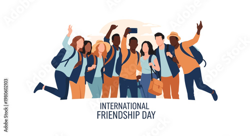 Group of diverse friends taking a selfie together to celebrate International Friendship Day.