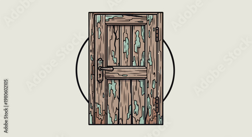 Weathered wooden door with peeling paint, framed by a simple circle
