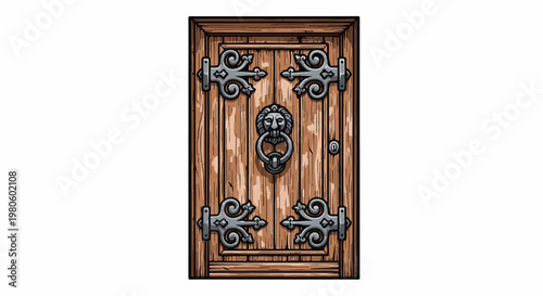 Old wooden door with lion knocker and ornate hinges