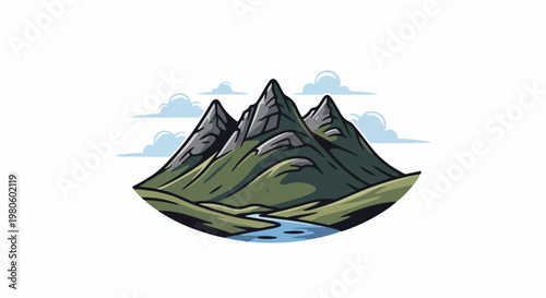 Stylized illustration of a mountain range with a winding river and clouds