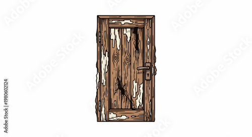 Old, weathered wooden door with peeling paint and a metal handle