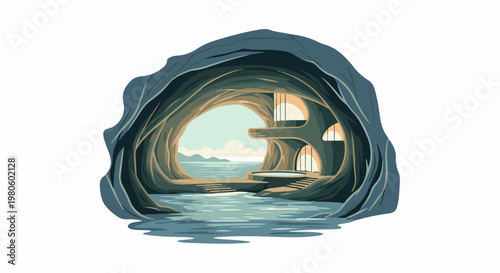 Pixel art cave dwelling with modern architecture overlooking tranquil water and distant hills