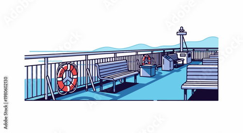 Pixelated deck with benches and life preserver on a calm sea
