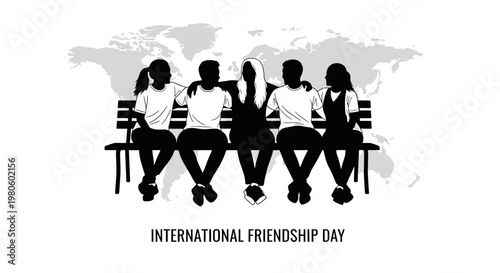 Group of diverse friends sitting together on a bench illustration.