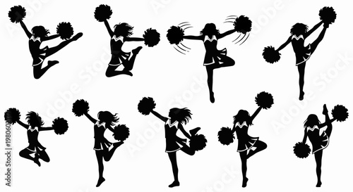 Black silhouettes of cheerleaders in dynamic poses holding pom-poms