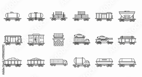 Collection of various illustrated rail cars and trucks