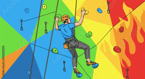 Climber on colorful wall with flame design