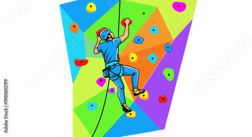 Person in blue outfit climbing a colorful, geometric indoor rock wall
