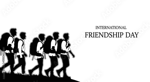 Silhouette illustration of a group of friends hiking together.