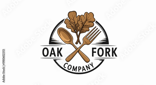 Rustic logo with oak leaves, spoon, and fork crossed inside a circle