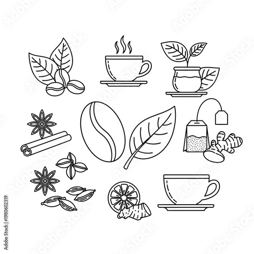 Coffee and Tea Beverage Elements Line Art Collection