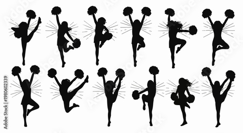 Dynamic cheerleaders performing acrobatic poses with pom-poms