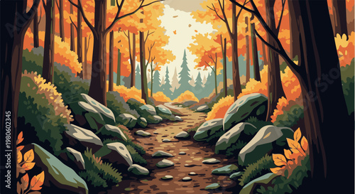 Pixelated autumnal forest path with rocks and vibrant foliage