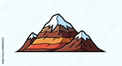 Stylized, layered mountain peaks capped with snow and a pale blue background