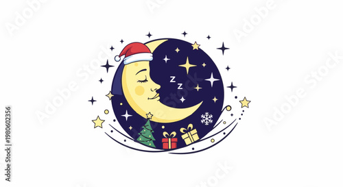 A sleeping crescent moon in a Santa hat, surrounded by stars and Christmas elements