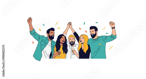 Diverse group of happy young friends celebrating success together.