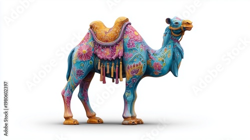 Colorful camel statue with realistic hump details and abstract painted patterns, isolated on white background with crisp product photography look.