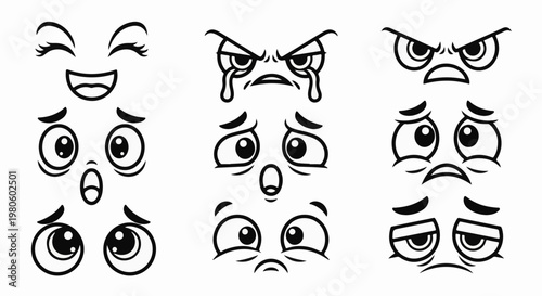 Diverse animated facial expressions, from joy to anger