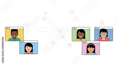 Diverse group of people participating in a remote online video conference call.