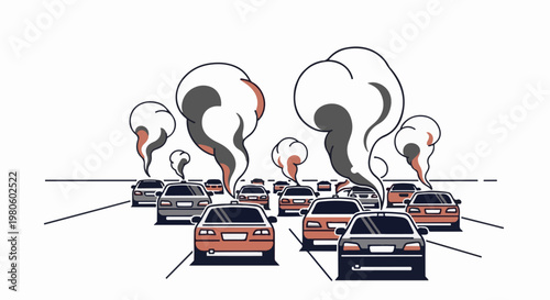 Cars creating smoke plumes on a highway, symbolizing pollution