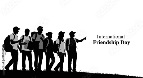 Silhouette of a group of friends hiking together on International Friendship Day.