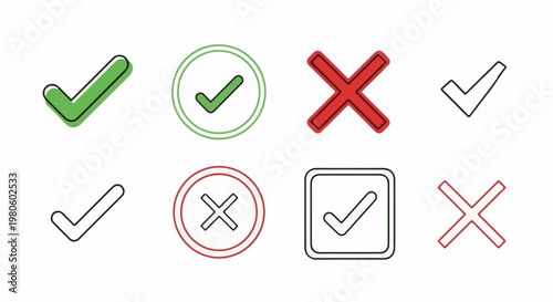 Collection of green checkmarks and red crosses, various styles