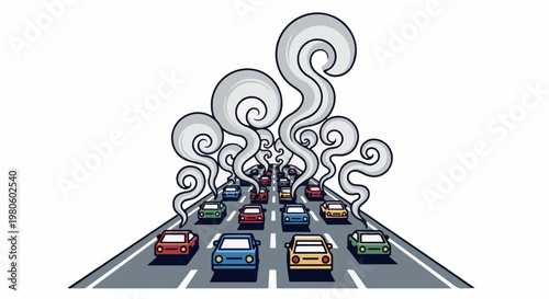 Cars on a highway emitting large plumes of grey smoke