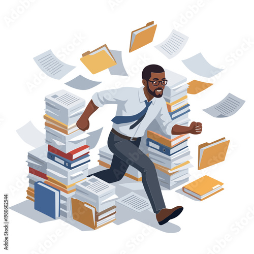 A businessman runs frantically through a chaotic pile of papers and documents.