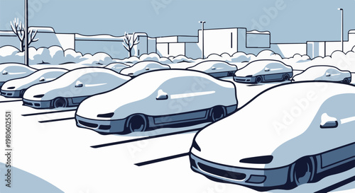 Many snow-covered cars parked in a winter lot with buildings beyond