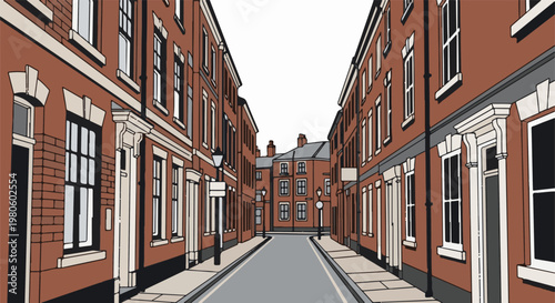 Stylized brick row houses line a cobblestone street under a bright sky