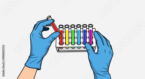 Hands in blue gloves holding test tubes with colorful liquids