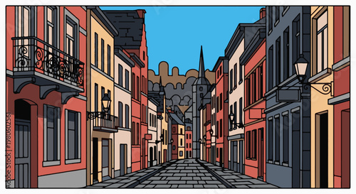 A quaint, narrow street lined with colorful buildings under a clear blue sky