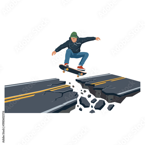 A skateboarder jumps over a cracked road section with a person performing a trick on the skateboard in an urban environment.