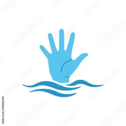 A blue hand waving above wavy lines on a white background