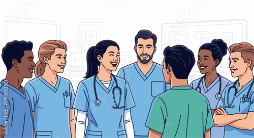 Diverse healthcare professionals in scrubs happily converse in a bright clinic