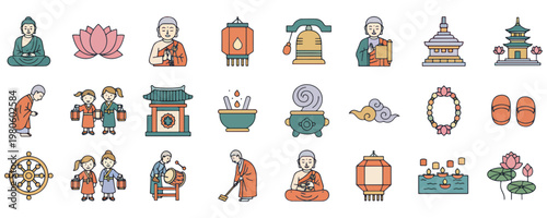 Buddhist Temple and Monk Icon Set