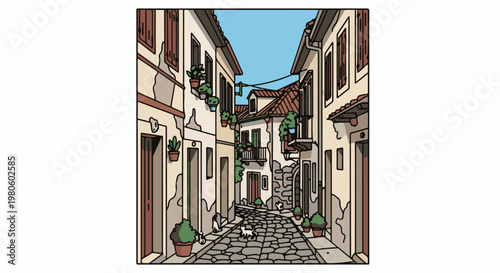 Quaint cobblestone alleyway lined with old buildings and potted plants, several cats roam