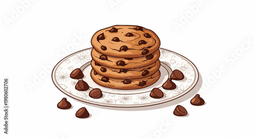 Stacked chocolate chip cookies on a decorative plate with scattered chips