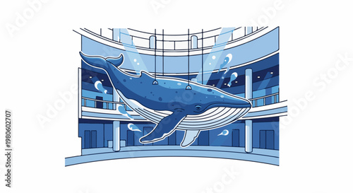 Blue whale suspended in a modern, multi-level atrium with water splashes