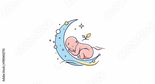 Stylized baby sleeps peacefully on a crescent moon with stars and leaves