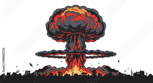 A massive mushroom cloud explosion erupts over a silhouetted city skyline