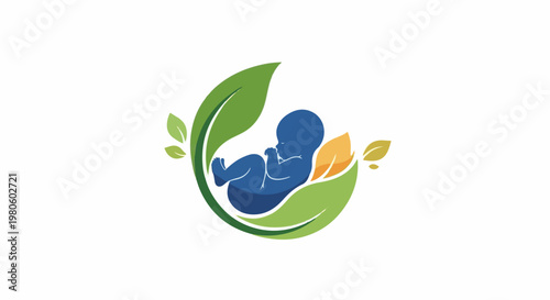 Blue baby silhouette nestled within green and yellow leaves